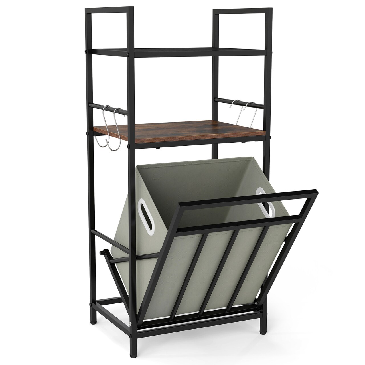 Black Rustic Brown Laundry Hamper with Tilt Out Basket Shelves and Laundry Bag